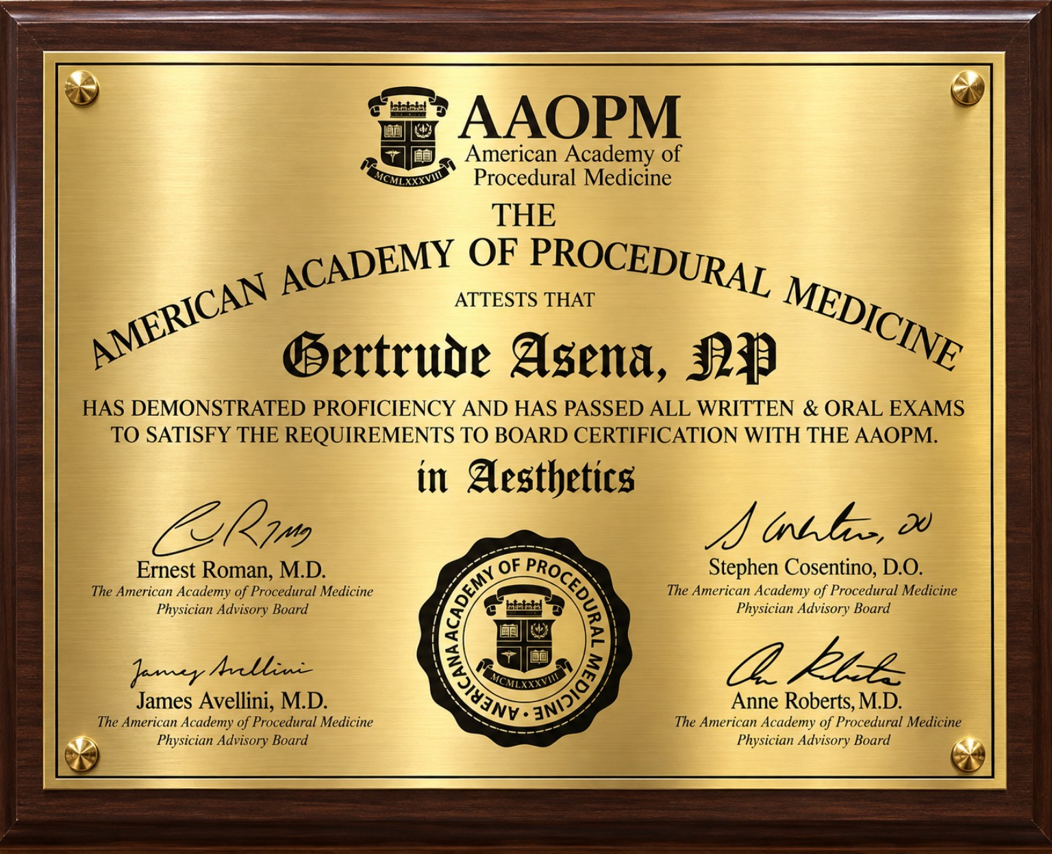 American Academy of Procedural Medicine aesthetics certification for Gertrude Asena, NP