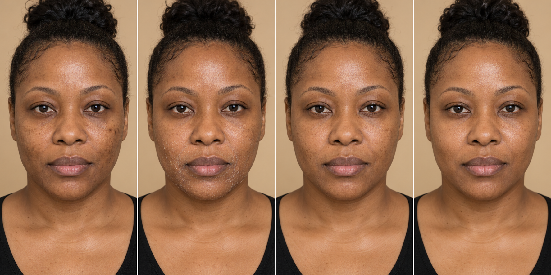 Chemical peel recovery sequence showing skin before treatment, visible peeling during recovery, and smoother more even-looking skin after healing