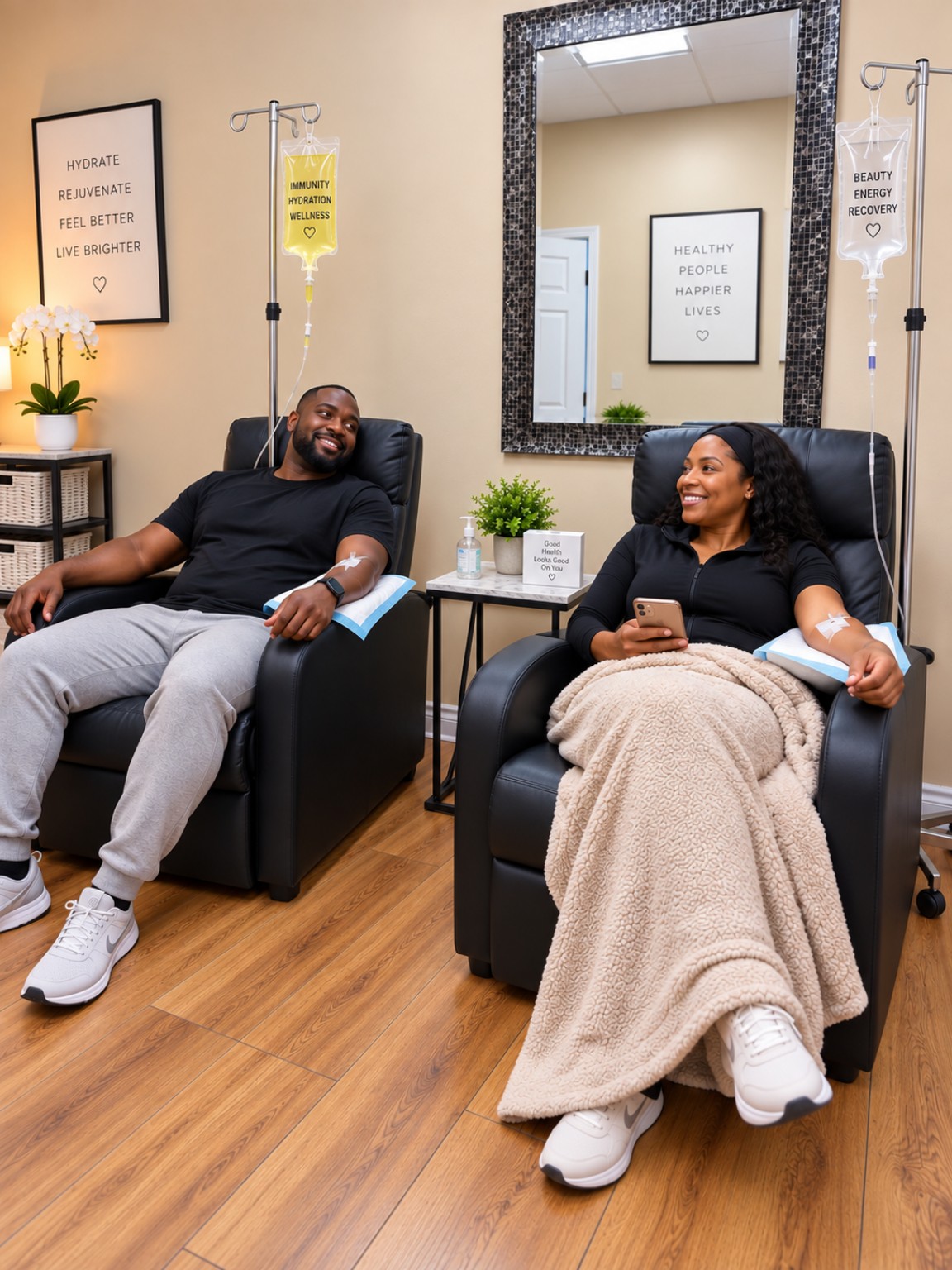 Two patients relaxing in reclining chairs during IV hydration at Supra Family and Wellness Clinic