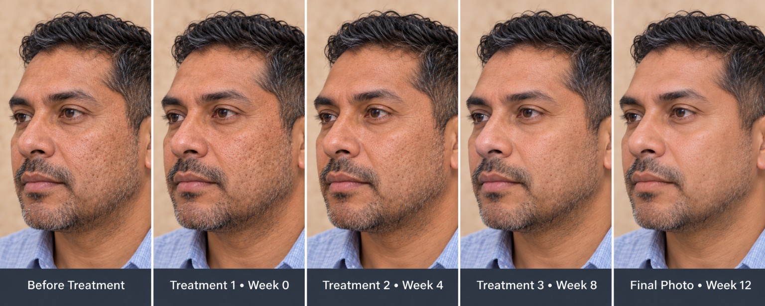 PRP microneedling series showing before treatment, three treatments four weeks apart, and final photo at week twelve
