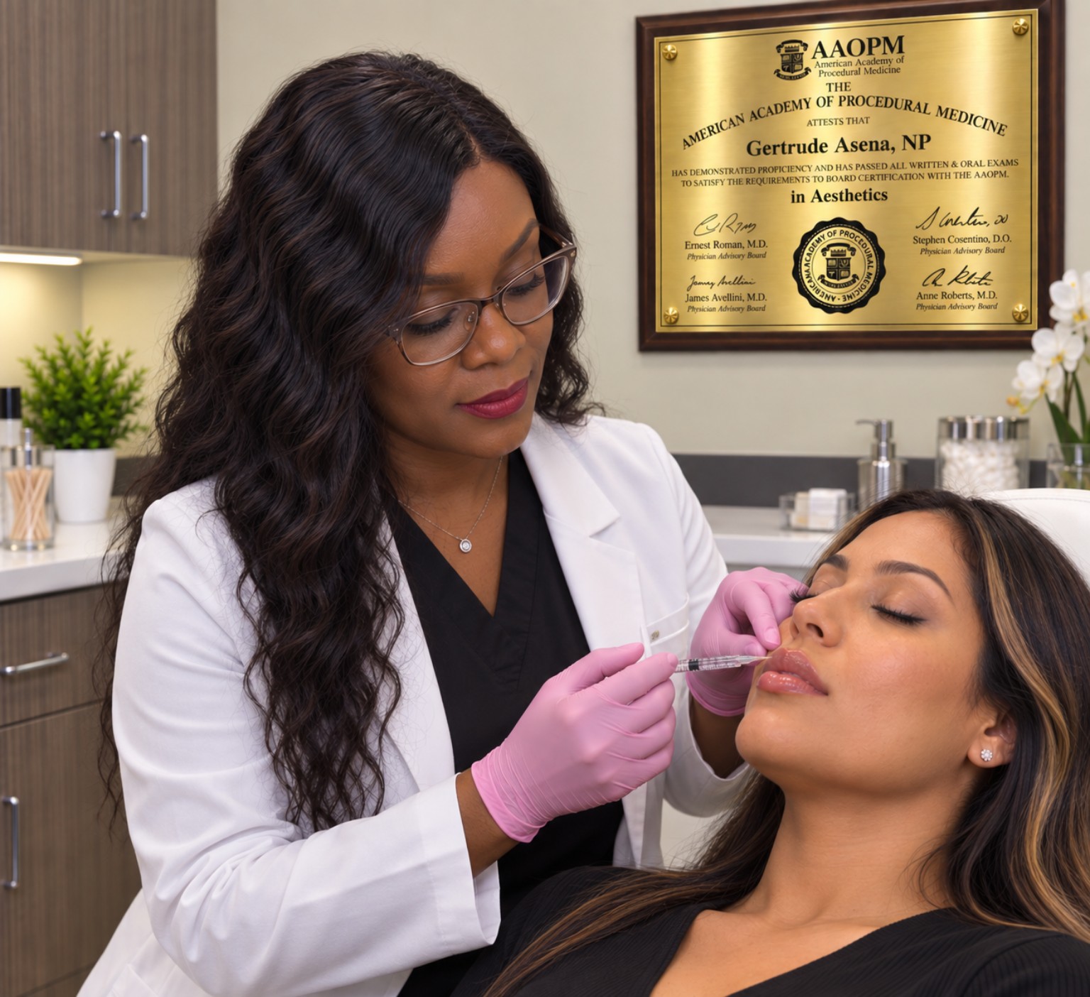 Gertrude Asena performing an individualized lip filler treatment in Spring, Texas